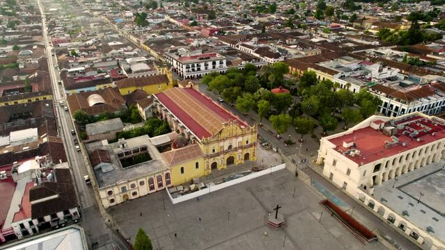 Rotational aerial view of the church and main square in San Cristobal de las Casas in Chiapas Mexico
