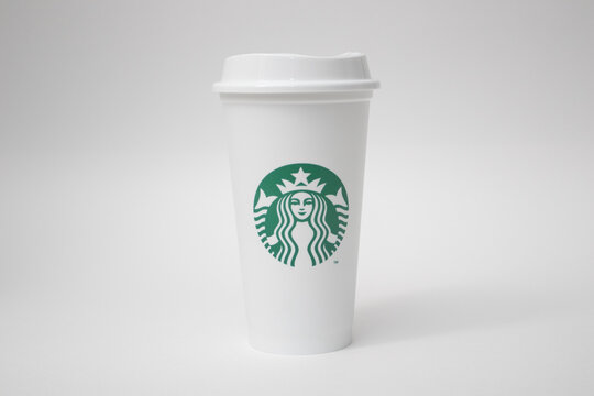 Plastic Starbucks cup logo on white backround, Istanbul, Turkey - June 2022