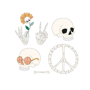 Hippie Groovy Bony Halloween Scull Peace Sign Hand Skeleton Daisy florals vector illustration set isolated on white. Flower power braincase bones print collection for T-shirt design.