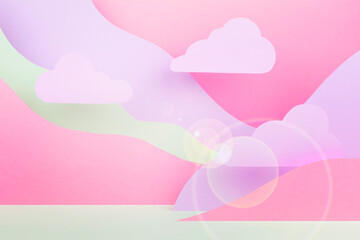 Trendy hipster abstract scene mockup with abstract landscape - cloud, mountains pastel pink, lilac,...