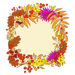 Vector isolated square frame with autumn leaves, flowers and berries. Rowan and oak foliage, chrysanthemums, acorns.