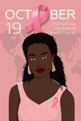 World Breast Cancer Awareness Month. Poster with pink ribbon and African woman. Modern vector illustration. International day against breast cancer.