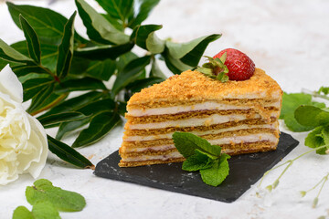 dessert honey cake on black slate on a white background macro photo
