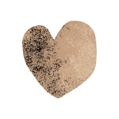 Big Brown Grunge Heart with Bege and Black  Splatters Isolated on a White Background. Irregular Shape Love Symbol Print. Hand Drawn Vector Illustration with Cool Heart ideal for Card, Wall Art, Poster