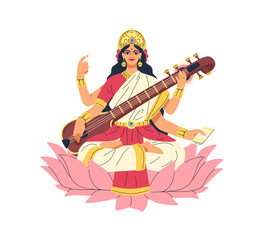 Saraswati, Indian goddess sitting on lotus flower with veena. Saraswathi, female deity from India playing music. Ancient hindu muse character. Flat vector illustration isolated on white background