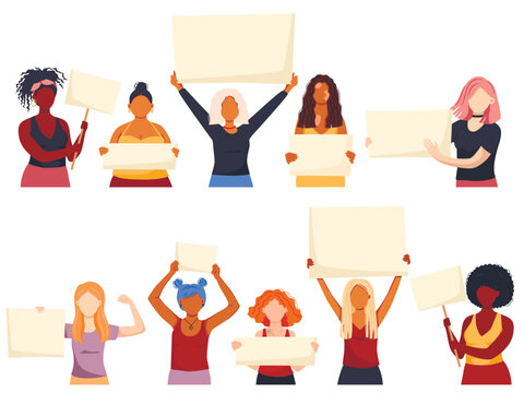 Set of women holding signs, banner and placards on a protest demostration or picket. Women against violence, pollution, descrimination, human rights violation. Vector illustration.