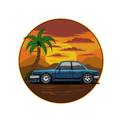 Illustration of blue sedan car in the sunset vibes. Perfect for t-shirt and sticker. Fit to use in summer season. Automotive illustration arts.