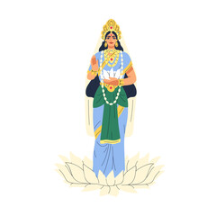 Indian goddess Parvati. Hindu female deity of motherhood, fertility. India hinduism divine woman character with lotus flower and jewelry. Flat vector illustration isolated on white background