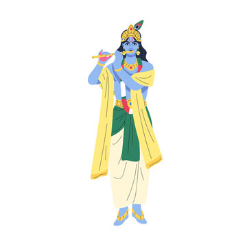 Krishna Janmashtami, Indian god of Hinduism. Major Hindu deity of love playing music, flute. Krishan character from ancient India mythology. Flat vector illustration isolated on white background