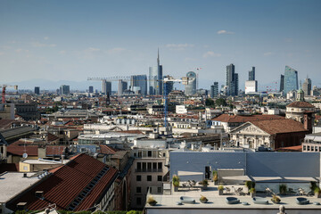 Milan from above. Aerial view over this beautiful city from Italy. View from Milan Cathedral to new modern office city district.
