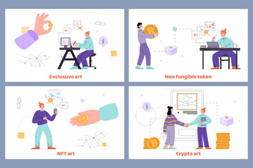 Set of horizontal banners about NFT art people flat style