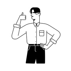 Lineart male character with thumb up. Happy man shows approving thumbup sign. Positive person with like, yes finger hand gesture. Outline flat graphic vector illustration isolated on white background