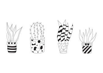 Set Cute doodle cacti in a slide. Vector illustration with cute indoor plants. cactus outline