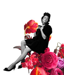 Contemporary art collage. Romantic woman and red flowers. Concept of vintage and retro design,...