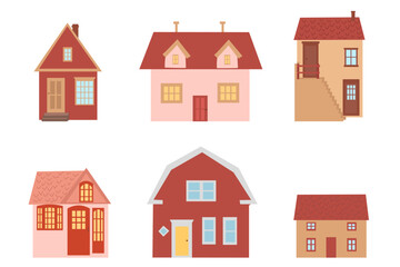 Small and big flat cartoon houses. Isolated vector set