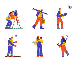 Fototapeta premium Set of surveyor characters flat style, vector illustration