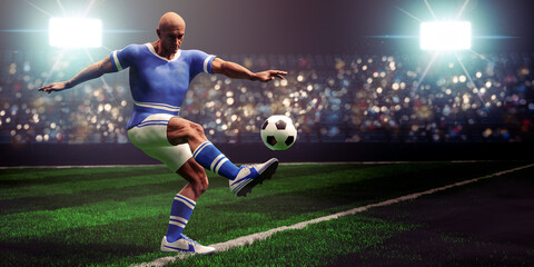 Plakat Soccer or European football. Soccer player shoots the ball with stadium in the background. 3D rendering.