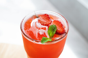 Summer drink strawberry lemonade with green mint