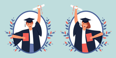 Graduates in a frame with a diploma and a scroll. Close-up of graduates in black dress and graduation hat. Happy teenagers graduated from an educational institution. Flat vector illustration.