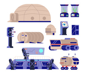 Launch space flight equipment set, flat vector illustration isolated.