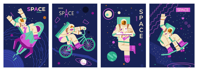 Astronaut riding bicycle, skating and reading book in outer space, posters set - flat vector illustration.