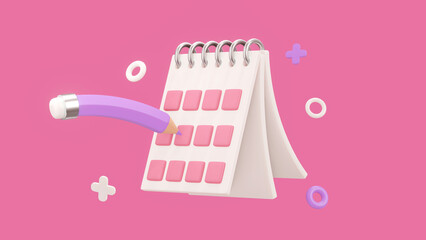 Flying calendar and pencil. Month calendar on the desk or wall with pencil. Concept modern design. Bright pink background 3d render.