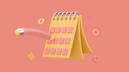 Flying calendar and pencil. Month calendar on the desk or wall with pencil. Concept modern design. Bright pink background 3d render.
