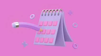 Flying calendar and pencil. Month calendar on the desk or wall with pencil. Concept modern design. Bright pink background 3d render.