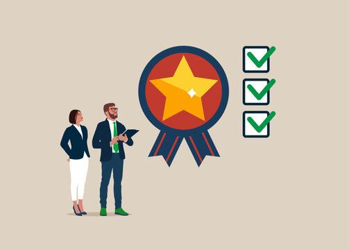 Businessman with employee check quality with passed checklist. Quality Control to check quality and giving certified or approval, process to assure excellence product and service delivery, guarantee. 