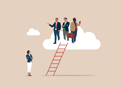 Businessmen climb up ladder up the cloud with no space left for woman. Gender gap, male domination in company executive board, unequal or unfair, inequality in management position.