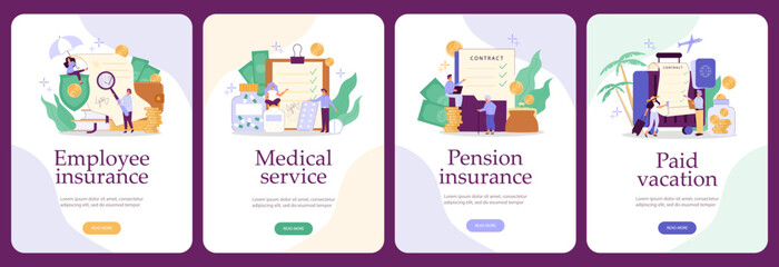 Set posters, pension insurance, employee benefits, vector flat illustration on white background.
