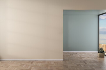 Room with green and beige walls, wooden floor with plant. Bright room interior mockup. Empty room for mockup. 3d rendering
