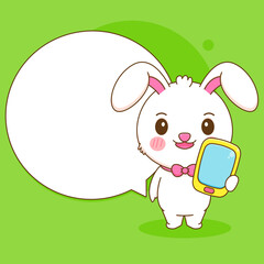 Cute rabbit holding phone with bubble text. Bunny cartoon character illustration.
