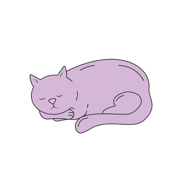 cute cartoon violet cat sleeps on white background