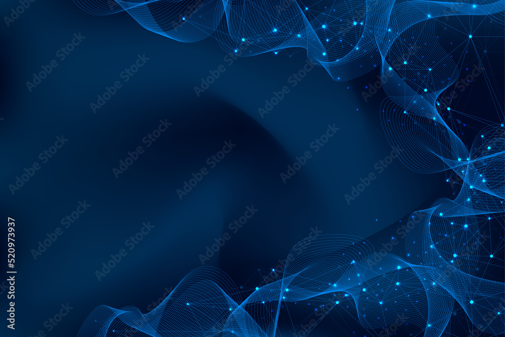 Poster Abstract plexus background with connected lines and dots. Wave flow. Plexus geometric effect Big data with compounds. Lines plexus, minimal array. Digital data visualization, illustration