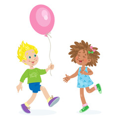 Funny boy gives a pink balloon to a cute girl. In cartoon style. Isolated on white background. Vector illustration