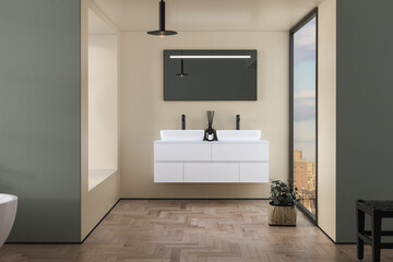 Interior of modern bathroom with beige and green walls, wooden floor, bathtub, plants, double sink standing on wooden countertop and a square mirror hanging above it. 3d rendering
