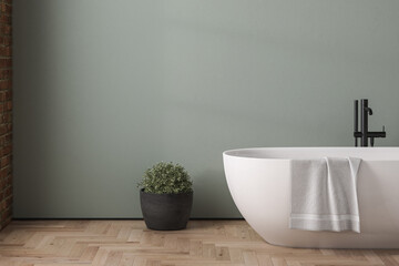 Close up of white bathtub with black faucet standing on a parquet floor, beige  background. Minimalist bathroom with parquet,plant and modern furniture. 3d rendering