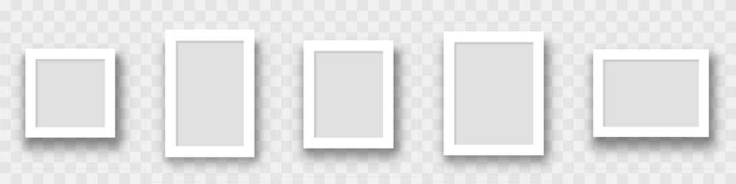 Photo frame set. Square frame set. Blank pictures. Transparent background. Poster frame mockup. Stock vector.