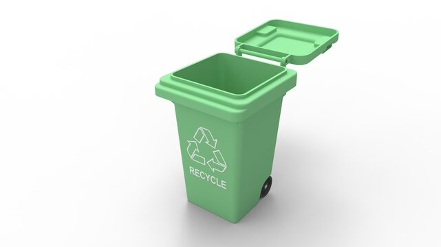 3D rendering of a green environment recycle trash bin container illustration model. Household disposal of plastic, food organic glass paper etc trash can. Computer model isolated empty space.