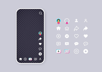 Tiktok social media interface concept and icon flat and outline set. White phone screen ui mockup with like icon, search, home button, add new video button. Photo or video frame for mobile app. 