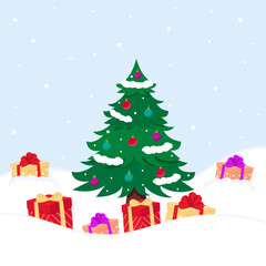 Christmas tree with gifts in the snow. Vector illustration