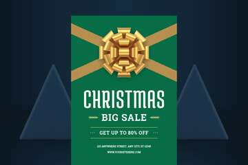 Premium green Christmas sale flyer template design golden gift bow realistic 3d icon vector
