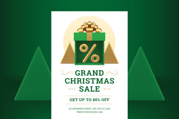 Golden green gift box Christmas sale percent promo flyer template special offer 3d icon vector