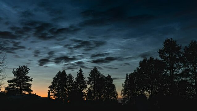 Aerial panorama on early Sunrise over Northern Sweden. Noctilucent night clouds