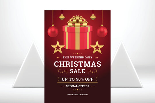 Christmas sale red flyer template wrapped gift box with hanged ball bauble realistic 3d icon vector