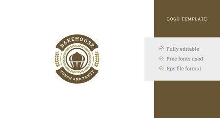 Fototapeta premium Vintage circle bakehouse logo template design creamy cupcake in ears of wheat frame vector