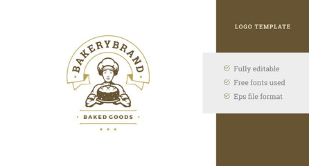 Male chef fresh cooked bread cake pastry pie vintage confectionery logo template design vector