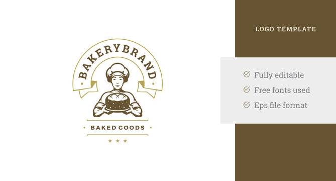 Male chef fresh cooked bread cake pastry pie vintage confectionery logo template design vector