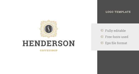 Coffeeshop logo template design fresh gourmet roasted coffee bean vintage curved ornament vector